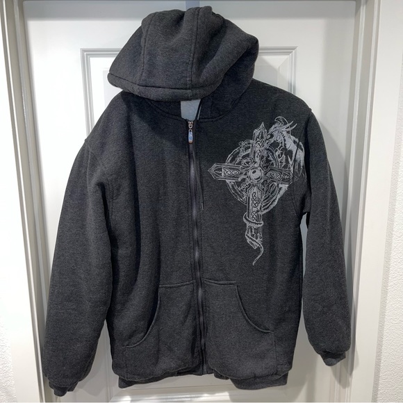 Rare Kempo graphic full zip hoodie with Sherpa inside mens size L gray/white - Picture 1 of 7